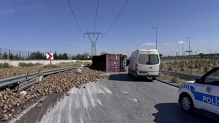 Virajı alamayan tır devrildi